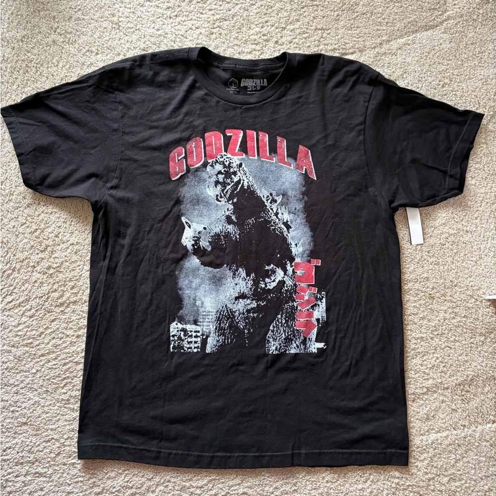 Black Vintage Godzilla Cotton T-Shirt Tokyo City Kaiju Retro Short Sleeve